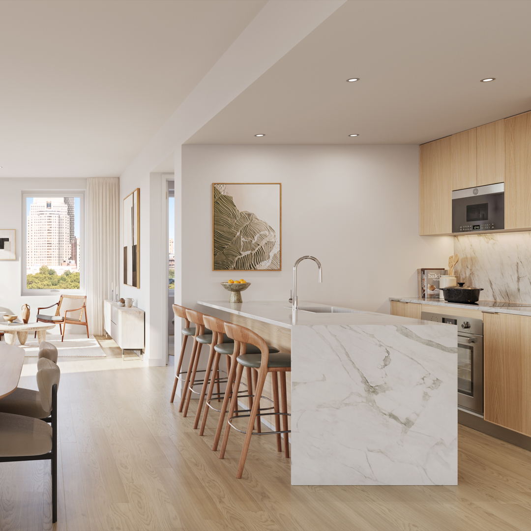 rendering of luxury Manhattan apartment kitchen with island with waterfall edge