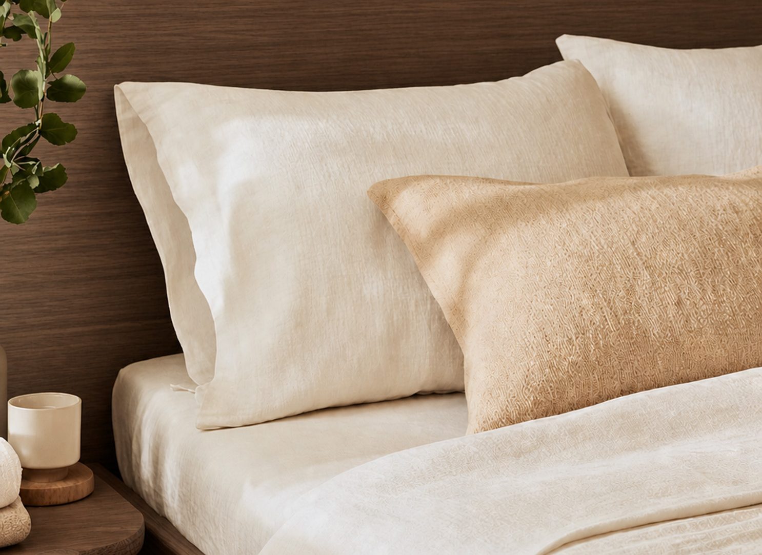close up of pillows on a bed with a wooden headboard and matching wooden nightstand beside the bed