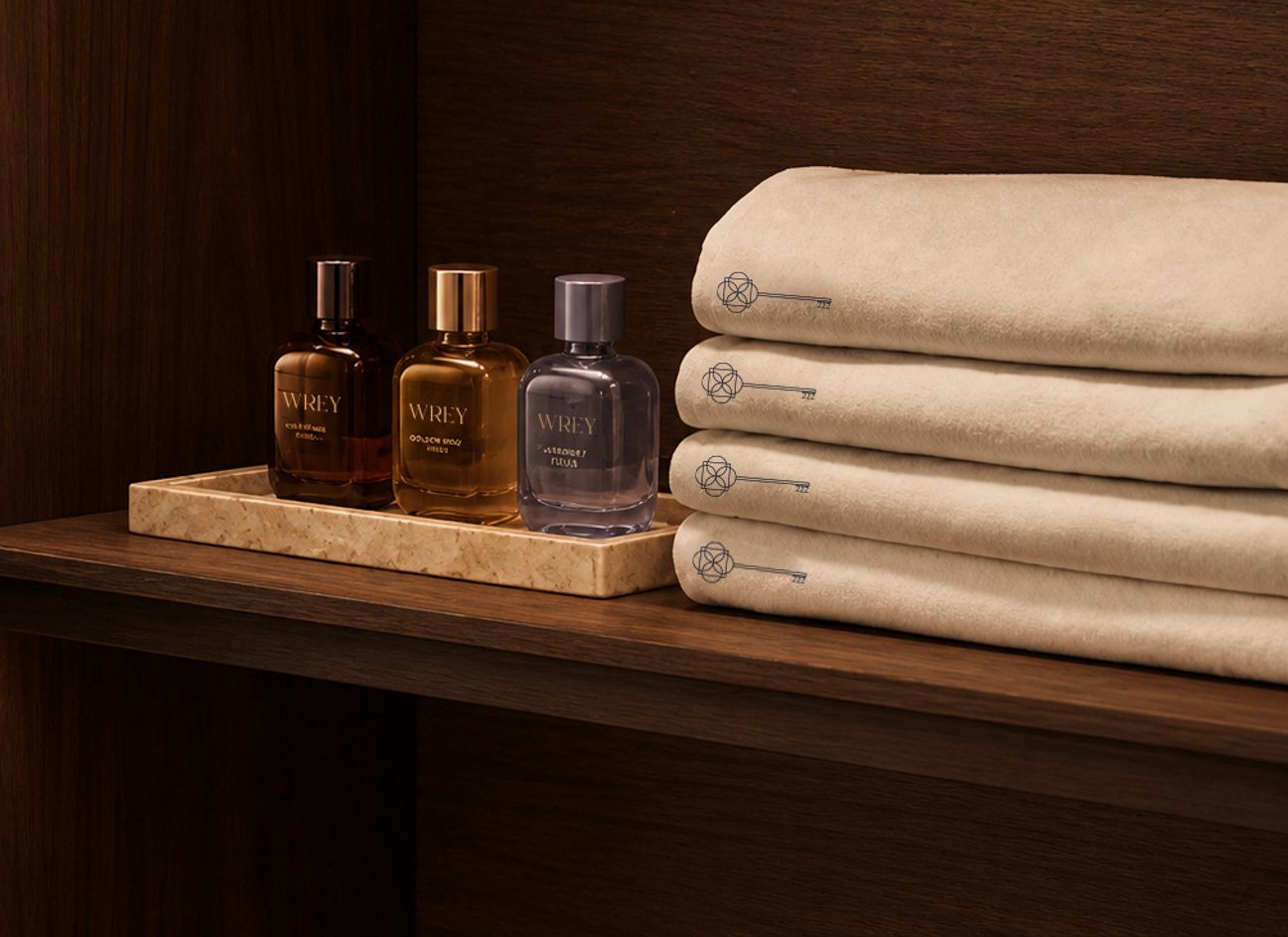 four folded towels and three bottles of toiletries on a shelf with Wrey logos